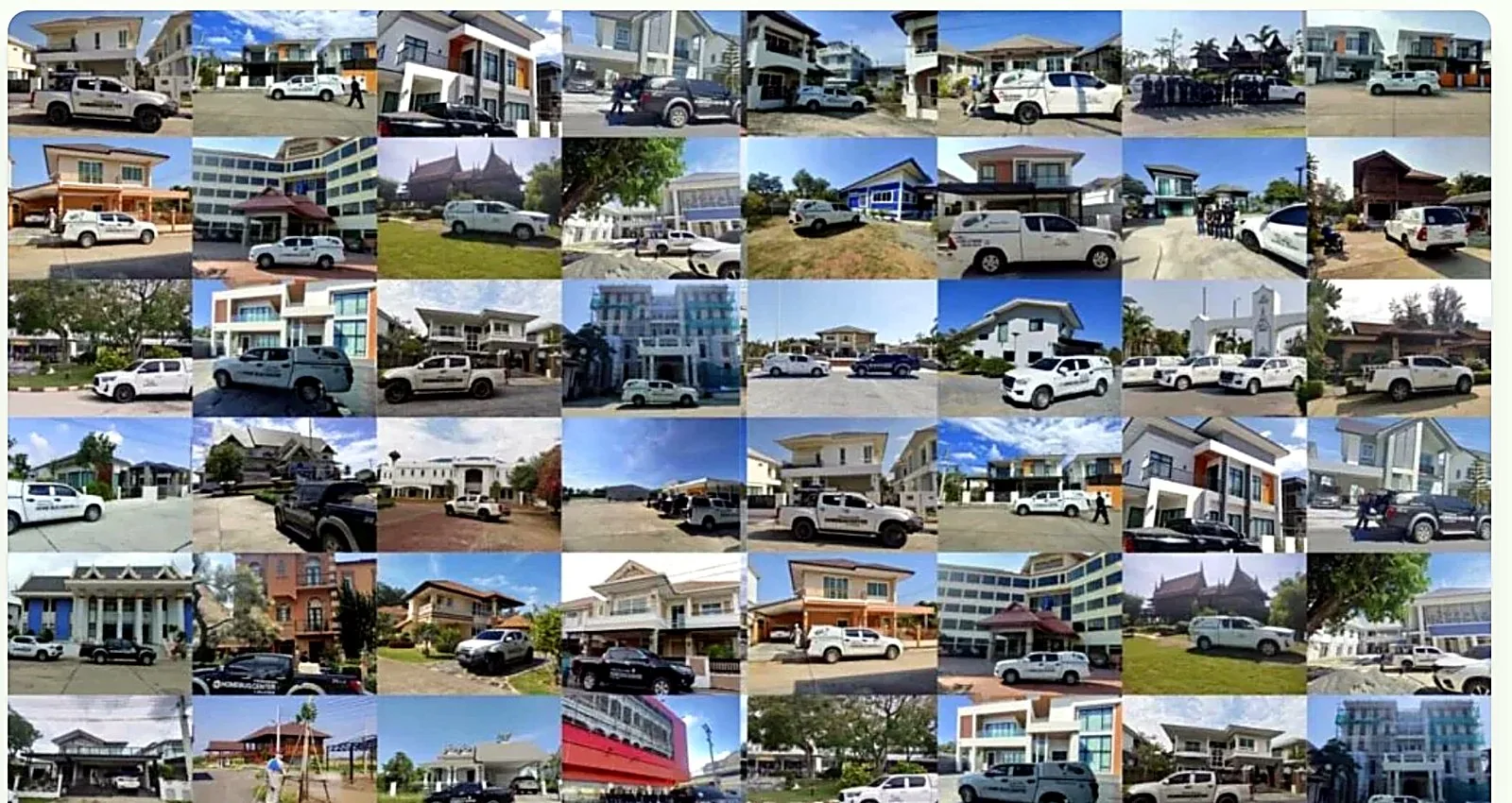 หน้างานของโฮมบัคเซ็นเตอร์ รถทีมช่างจอดอยู่หน้าบ้านเดี่ยว ทาวน์โฮม อาคารสำนักงาน โรงแรม และอาคารทรงไทย ในหลายจังหวัด